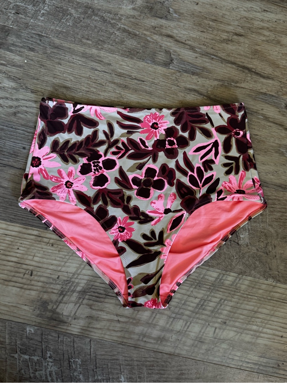 Aerie High-Waisted Full Coverage Floral Bikini Bottoms in Pink and Brown Size M